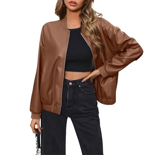 ZRYAZQ Lederjacke Damen PU Kunstleder mit Reißverschluss Bikerjacke Motorrad Kunstlederjacke Damen Locker Übergangsjacke Damen Lederimitat Leder Jacke Langarm Lässig Mantel mit Tasche Jacken von ZRYAZQ