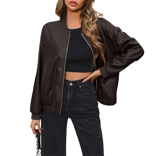 ZRYAZQ Lederjacke Damen PU Kunstleder mit Reißverschluss Bikerjacke Motorrad Kunstlederjacke Damen Locker Übergangsjacke Damen Lederimitat Leder Jacke Langarm Lässig Mantel mit Tasche Jacken von ZRYAZQ