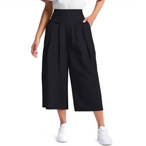ZRYAZQ Leichte Sommerhose, Damen 3/4 Weites Bein Hosen Damen Sommer Elegant Weit mit Gummizug Dreiviertel Palazzo Hose Leinen High Waist Stoffhose Sommer Plissee mit Taschen Sommerhosen Leicht Luftig von ZRYAZQ