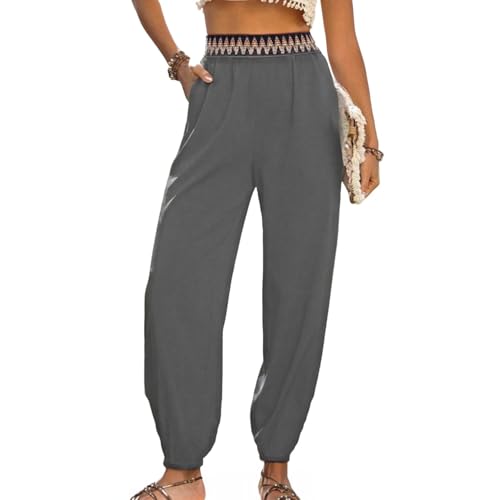 ZRYAZQ Leichte Sommerhose Damen Lang Strand High Waist Stoffhose Damen Sommer Elegant Boho Mit Gummibund Hosen Sommer Mit Taschen Sommerhosen Leicht Und Luftig Haremshose Frauen Baumwolle Boho von ZRYAZQ