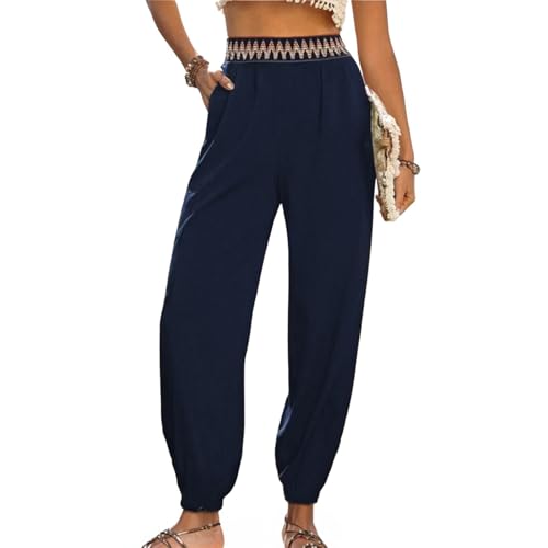 ZRYAZQ Leichte Sommerhose Damen Lang Strand High Waist Stoffhose Damen Sommer Elegant Boho Mit Gummibund Hosen Sommer Mit Taschen Sommerhosen Leicht Und Luftig Haremshose Frauen Baumwolle Boho von ZRYAZQ