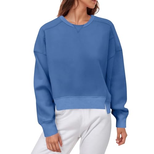 ZRYAZQ Pullover Damen Sportlich Vorne Kurz Hinten Lang Sweatshirt Damen Ohne Kapuze Rundhals Einfarbig Pullover mit Schlitz Damenpullover Langarm Winter Sweatshirts Frauen Fitness Oberteile Tops von ZRYAZQ