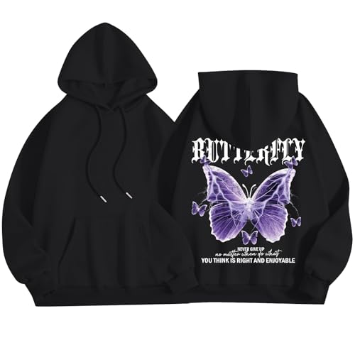 ZRYAZQ Pullover Y2K Damen Schmetterling Aufdruck Hoodie Damen Oversize Backprint Kapuzenpullover mit Sprüchen Gefüttert Warm Pullover Damen mit Kapuze Und Tasche Hoodies Winter Dicke Streetware von ZRYAZQ