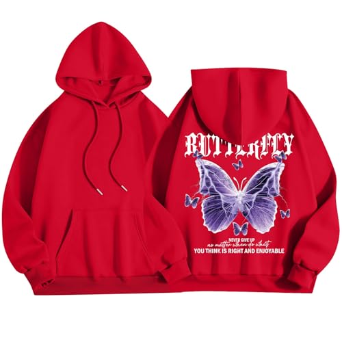 ZRYAZQ Pullover Y2K Damen Schmetterling Aufdruck Hoodie Damen Oversize Backprint Kapuzenpullover mit Sprüchen Gefüttert Warm Pullover Damen mit Kapuze Und Tasche Hoodies Winter Dicke Streetware von ZRYAZQ