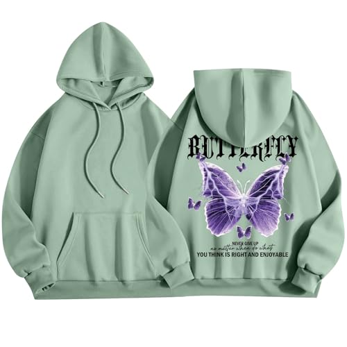 ZRYAZQ Pullover Y2K Damen Schmetterling Aufdruck Hoodie Damen Oversize Backprint Kapuzenpullover mit Sprüchen Gefüttert Warm Pullover Damen mit Kapuze Und Tasche Hoodies Winter Dicke Streetware von ZRYAZQ