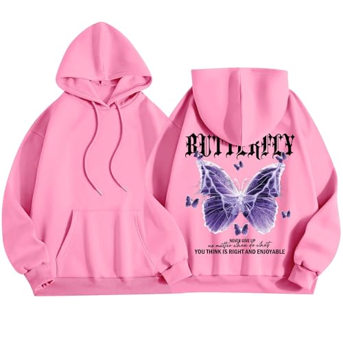 ZRYAZQ Pullover Y2K Damen Schmetterling Aufdruck Hoodie Damen Oversize Backprint Kapuzenpullover mit Sprüchen Gefüttert Warm Pullover Damen mit Kapuze Und Tasche Hoodies Winter Dicke Streetware von ZRYAZQ