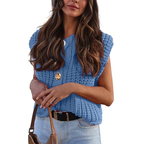 ZRYAZQ Pullunder Damen Ärmellos Grobstrick Strickweste Damen Kurz Strick Elegant mit Knopfleiste Strickpullunder Damen Dicke Einfarbig mit Tasche Pullunder Frauen Grobmaschig Rundhals Casual von ZRYAZQ