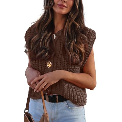ZRYAZQ Pullunder Damen Ärmellos Grobstrick Strickweste Damen Kurz Strick Elegant mit Knopfleiste Strickpullunder Damen Dicke Einfarbig mit Tasche Pullunder Frauen Grobmaschig Rundhals Casual von ZRYAZQ