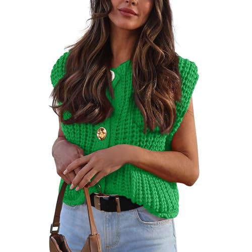 ZRYAZQ Pullunder Damen Ärmellos Grobstrick Strickweste Damen Kurz Strick Elegant mit Knopfleiste Strickpullunder Damen Dicke Einfarbig mit Tasche Pullunder Frauen Grobmaschig Rundhals Casual von ZRYAZQ