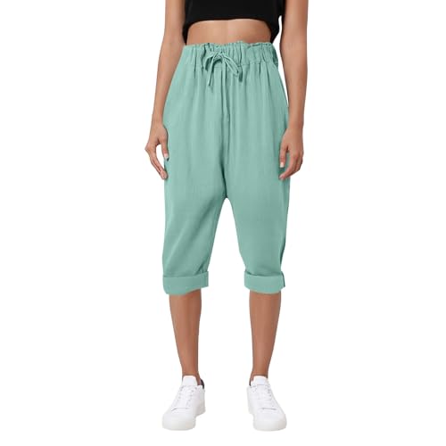 ZRYAZQ Sommer Hose Damen 3/4 Sommerhose Damen Leicht Elegant High Waist Caprihose Sommer Gummibund Leinenhose mit Taschen Dreiviertel Stoffhose mit Kordelzug Sommerhosen Leicht Und Luftig Capri Hosen von ZRYAZQ