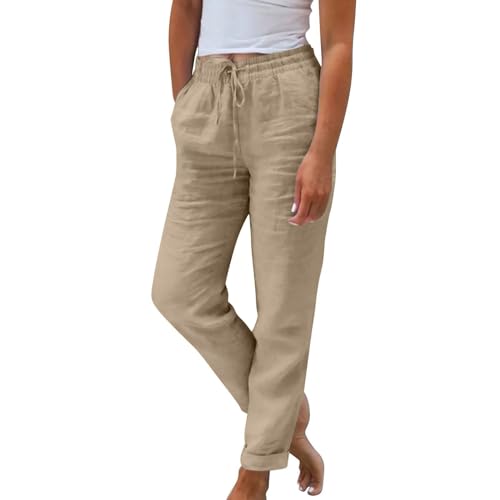 ZRYAZQ Sommerhose Damen Lang Leicht Hosen Damen Sommer Elegant High Waist Hose Gummizug Gerades Bein Leinenhose Frauen Sommer Lang mit Taschen Sommerhosen Leicht Und Luftig Freizeithose Bequeme Dünne von ZRYAZQ