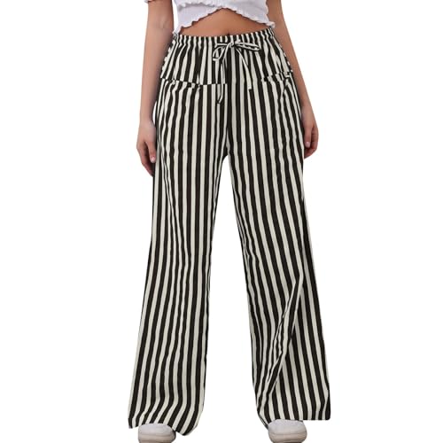 ZRYAZQ Sommerhose Damen Leicht Gestreift Lang Stoffhose Damen Sommer Elegant High Waist Weites Bein Hosen Sommer Baggy Mit Gummibund Palazzo Hose Streifen Mit Taschen Sommerhosen Leicht Und Luftig von ZRYAZQ