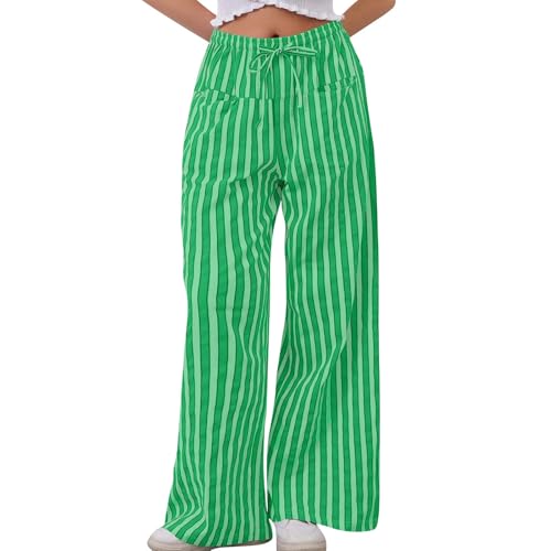ZRYAZQ Sommerhose Damen Leicht Gestreift Lang Stoffhose Damen Sommer Elegant High Waist Weites Bein Hosen Sommer Baggy Mit Gummibund Palazzo Hose Streifen Mit Taschen Sommerhosen Leicht Und Luftig von ZRYAZQ