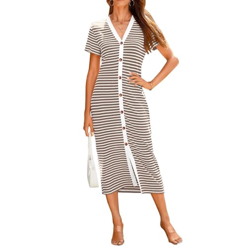 ZRYAZQ Sommerkleid Damen Gestreift Lang Gestricktes Kleider Sommer Midi mit Knopfleiste Elegant Sommerkleider Damen Leicht Und Luftig Midikleid Kurzarm V Ausschnitt Kleid Strick Sommer Streifen von ZRYAZQ