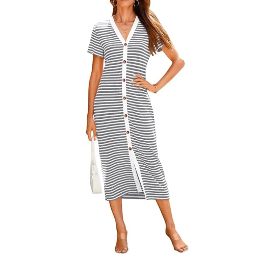 ZRYAZQ Sommerkleid Damen Gestreift Lang Gestricktes Kleider Sommer Midi mit Knopfleiste Elegant Sommerkleider Damen Leicht Und Luftig Midikleid Kurzarm V Ausschnitt Kleid Strick Sommer Streifen von ZRYAZQ