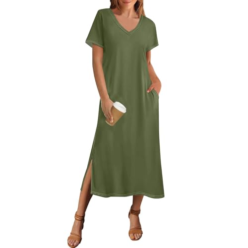 ZRYAZQ Sommerkleid Damen V Ausschnitt Lang mit Schlitz Sommerkleider Damen Leicht Und Luftig Kleider Sommer Elegant Maxi Strandkleid Luftig Einfarbig Maxikleid Frauen Kurzarm mit Taschen Locker von ZRYAZQ