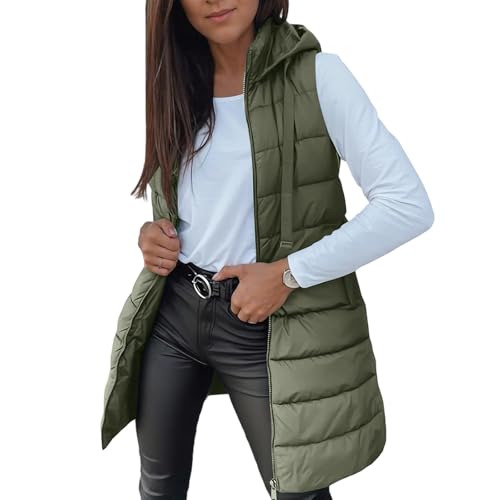 ZRYAZQ Steppweste Damen Lang Leicht mit Kapuze Weste Damen Elegant Winter Stepp Westen Ärmellos mit Reissverschluss Leichte Daunenweste Mittellang Warm mit Taschen Longweste Frauen Daunen Puffer von ZRYAZQ