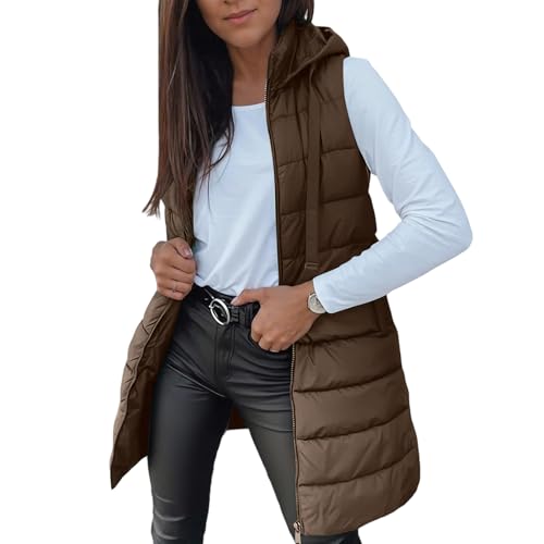ZRYAZQ Steppweste Damen Lang Leicht mit Kapuze Weste Damen Elegant Winter Stepp Westen Ärmellos mit Reissverschluss Leichte Daunenweste Mittellang Warm mit Taschen Longweste Frauen Daunen Puffer von ZRYAZQ