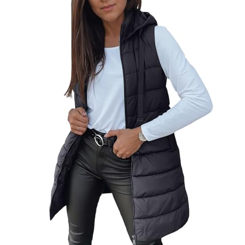 ZRYAZQ Steppweste Damen Lang Leicht mit Kapuze Weste Damen Elegant Winter Stepp Westen Ärmellos mit Reissverschluss Leichte Daunenweste Mittellang Warm mit Taschen Longweste Frauen Daunen Puffer von ZRYAZQ