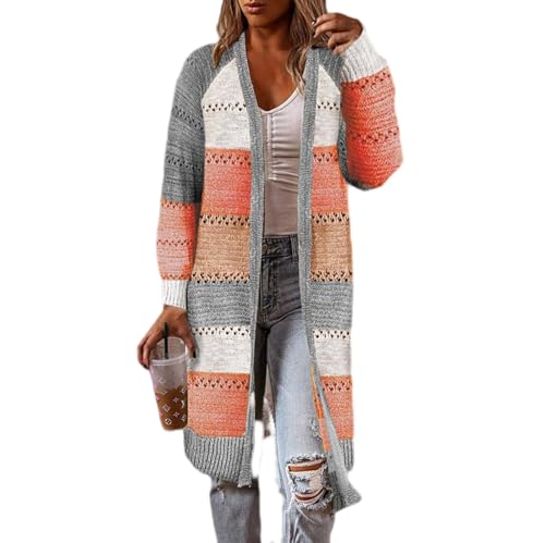 ZRYAZQ Strickjacke Gestreift Damen Bunt Strickjacken für Damen Lang Winter Warm Elegant Strickmantel Grobstrick Mantel Winter Warme Dicke Cardigan Lange mit Schalkragen Longstrickjacke mit Öse von ZRYAZQ