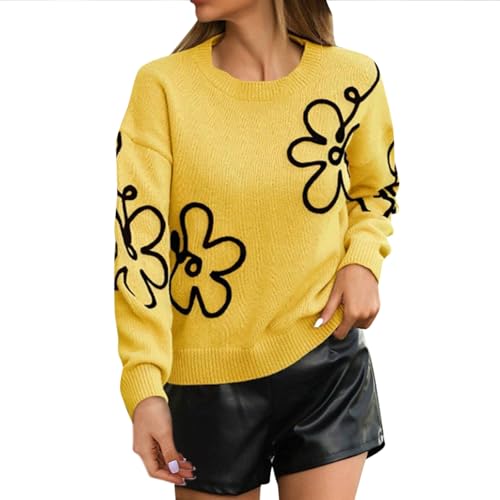 ZRYAZQ Strickpullover Damen Grobstrick Blumen Aufdruck Pullover Damen Elegant Strick Langarm Winterpullover Damen Warm Pulli Winter Dicke Winterpulli Rundhals Grobstrickpullover Strickpulli Casual von ZRYAZQ