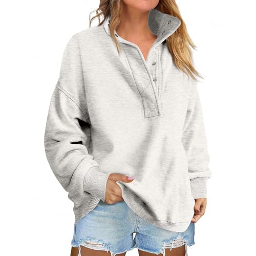 ZRYAZQ Sweatshirts Für Damen Oversize Winter Pullover Sweatshirt Damen Ohne Kapuze Langarm Damenpullover Winter mit Knöpfen Kragen Winterpullover Frauen Elegant Sportlich Pullover Einfarbig Kuschel von ZRYAZQ