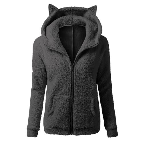 ZRYAZQ Teddyjacke Damen mit Kapuze Katze Ohr Fleecejacke Damen Winter Zip Winterjacke Warm Fleece Teddyfleece Jacke mit Ohren Taschen Teddy Mantel Winter Flauschig Kuschelig Plüschjacke Flauschjacke von ZRYAZQ