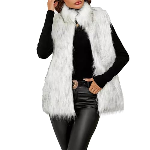 ZRYAZQ Weste Damen Kunstpelz Ärmellose Lang Westen Damen Pelz Elegant Flauschig Fellweste Kunstfell Kuschelig Fleeceweste Leicht Plüschweste Fell Fleece Hüftlang Pelzjacke Übergang Revers Pelzweste von ZRYAZQ