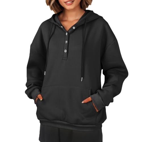 ZRYAZQ Winter Pullover Damen mit Kapuze Warm Gefüttert Kapuzenpullover Damen Langarm mit Knöpfen Hoodie Damen Oversize Einfarbig Dicke Pullover Frauen mit Tasche Hoodies Tunnelzug Sweatshirt Lässig von ZRYAZQ