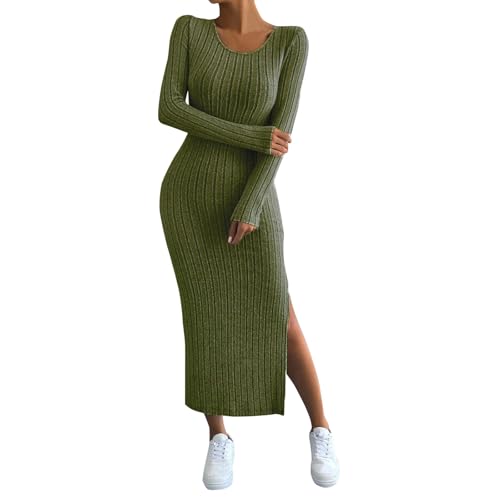 ZRYAZQ Winterkleid Damen Langarm Warm Curvy Strickkleid Damen Winter Lang mit Schlitz Pulloverkleid Damen Elegant Maxi Geripptes Winterkleider Gestricktes Strickkleider Frauen Eng Gerader Schnitt von ZRYAZQ