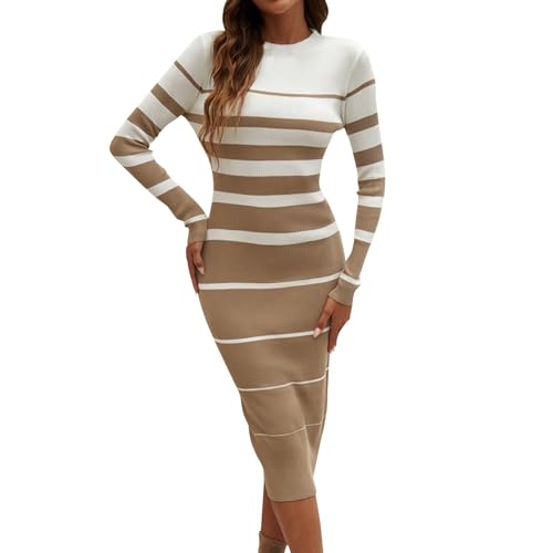 ZRYAZQ Winterkleid Damen Langarm Warm Gestreift Strickkleid Damen Winter Lang Curvy Pulloverkleid Damen Elegant Midi Gestricktes Winterkleider Streifen Strickkleider Frauen Gerader Schnitt Slim von ZRYAZQ