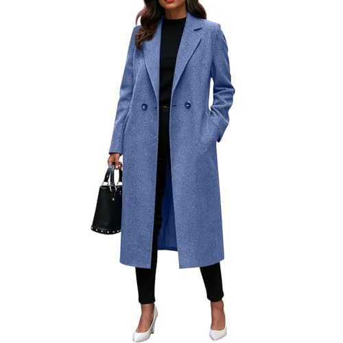 ZRYAZQ Wintermantel Damen Elegant Lang Trenchcoat Damen Zweireihig Reverskragen Langer Wollmantel Winter Mantel Warm Winterjacke mit Taschen Übergangsmantel Einfarbig Damenmantel Winter Mäntel von ZRYAZQ