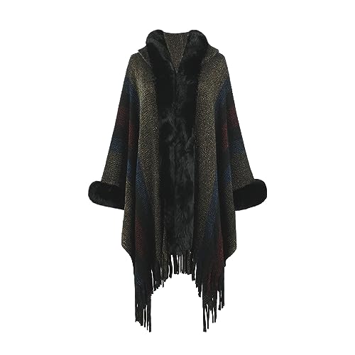 ZRYAZQ Wintermantel Damen Lang Fellkragen Poncho Damen Winter Warm mit Kapuze Cape Mantel Damen Elegant Strick mit Fransen Dicke Cardigan Warm Gestreift Poncho Decke Outdoor Lange Poncho Schal von ZRYAZQ