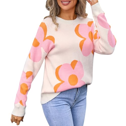 ZRYAZQ Winterpullover Damen Strick Blumen Muster Pullover Damen Winter Langarm Pulli Damen Elegant Floral Strickpullover Damen Grobmaschig Winterpulli Warm Damenpullover Grobstrick Strickpulli von ZRYAZQ