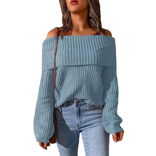 ZRYAZQ Winterpullover Damen Strick Schulterfrei Elegant Einfarbig Grobmaschig Langarm Warm Kuschelig Strickpulli von ZRYAZQ