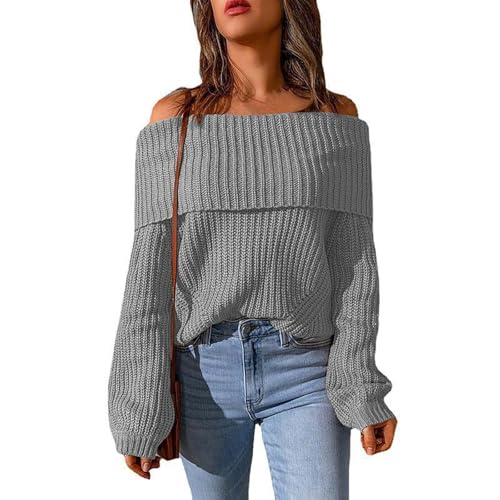 ZRYAZQ Winterpullover Damen Strick Schulterfrei Pulli Damen Elegant Einfarbig Strickpullover Damen Grobmaschig Pullover Damen Winter Langarm Winterpulli Warm Damenpullover Kuschelig Strickpulli von ZRYAZQ