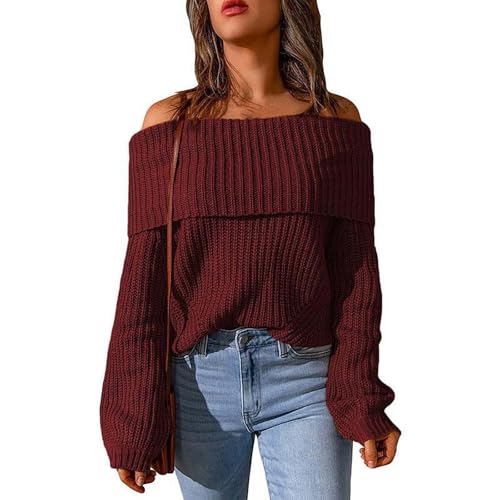 ZRYAZQ Winterpullover Damen Strick Schulterfrei Elegant Einfarbig Grobmaschig Langarm Warm Kuschelig Strickpulli von ZRYAZQ