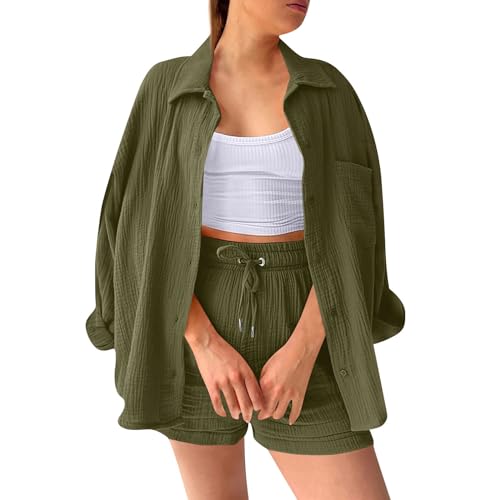 ZRYAZQ Zweiteiler Damen Sommer Hose und Top Elegant 2 Teiler Damen Sommer Musselin Langarm Y2K Zweiteiler Musselin Outfit Bluse und Shorts Hosenanzug Zwei Teiler Set Hausanzug 2 Teilig Freizeitanzug von ZRYAZQ