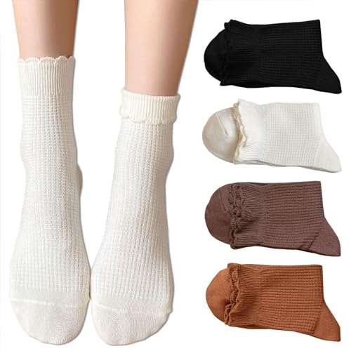 ZRYLIBYA Frauen Süße Rüschen Rüschen Wenden Manschette Knöchel Socken Gezackt Pointelle Solide Casual Crew Socken 4 Paar, Schwarz, Weiß, Kaffee, Orange, Einheitsgröße von ZRYLIBYA