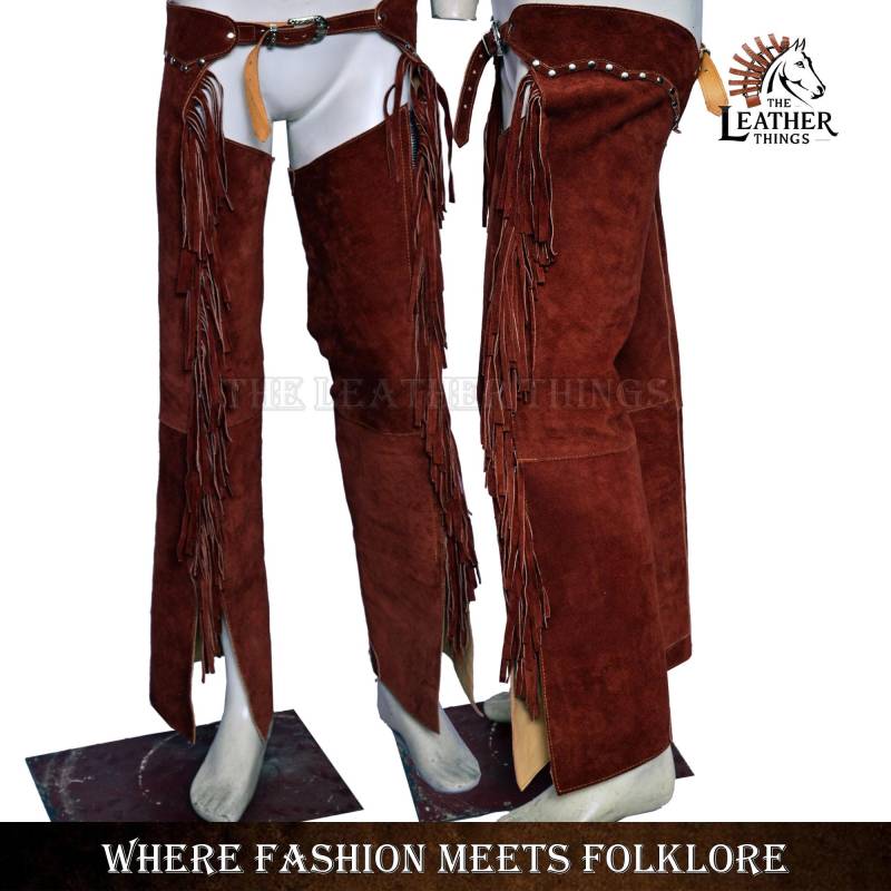 Native Fringe Suede Unisex Cowhide Leather Handmade Riding Pant American Western Cowboy Style Chap Pants Customized Motorcycle Gear Custom von ZRwear
