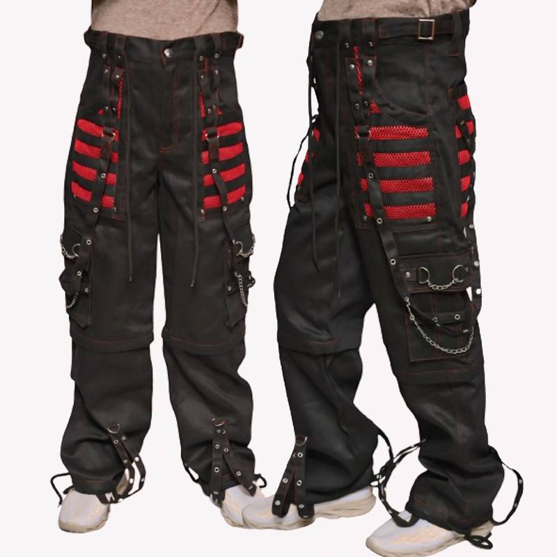 Black & Red Handmade Gothic Style Cargo Tripp Hot Pants Unisex Punk Cotton Stud Chain Full & Short Regular Sizes Trouser von ZRwear