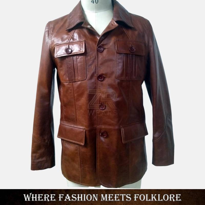 Brown Vintage Leather Jacket With Flap Pockets & Button-Down Front Retro-Inspired Premium Quality Sheep Dress Coat Formal von ZRwear