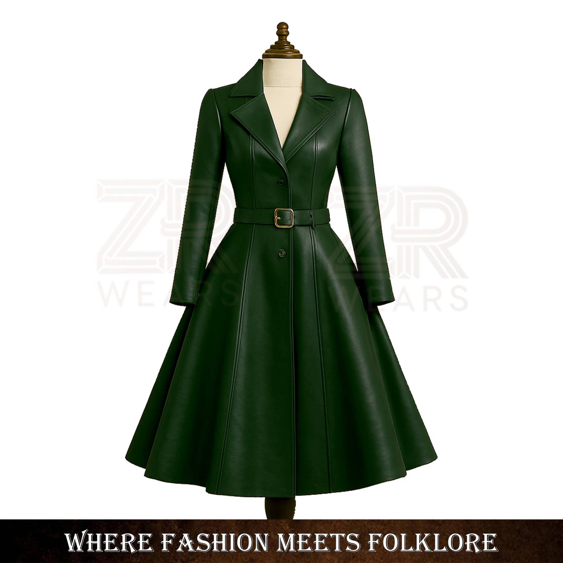 Handmade Dark Green Fit & Flare Princess Coat | Vintage Leather Trench Dress Elegant Winter Swing Overcoat Belted Long For Women von ZRwear