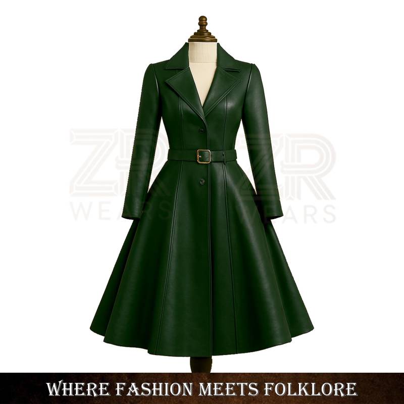 Handmade Dark Green Fit & Flare Princess Coat | Vintage Leather Trench Dress Elegant Winter Swing Overcoat Belted Long For Women von ZRwear