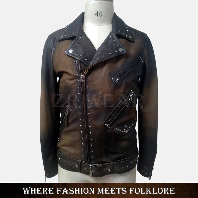 Mens Leather Jacket Distressed Brown Vintage Jacket Geniune Lambskin Motorcycle Leather Outerwear Casual Slim Studs Style Coat von ZRwear