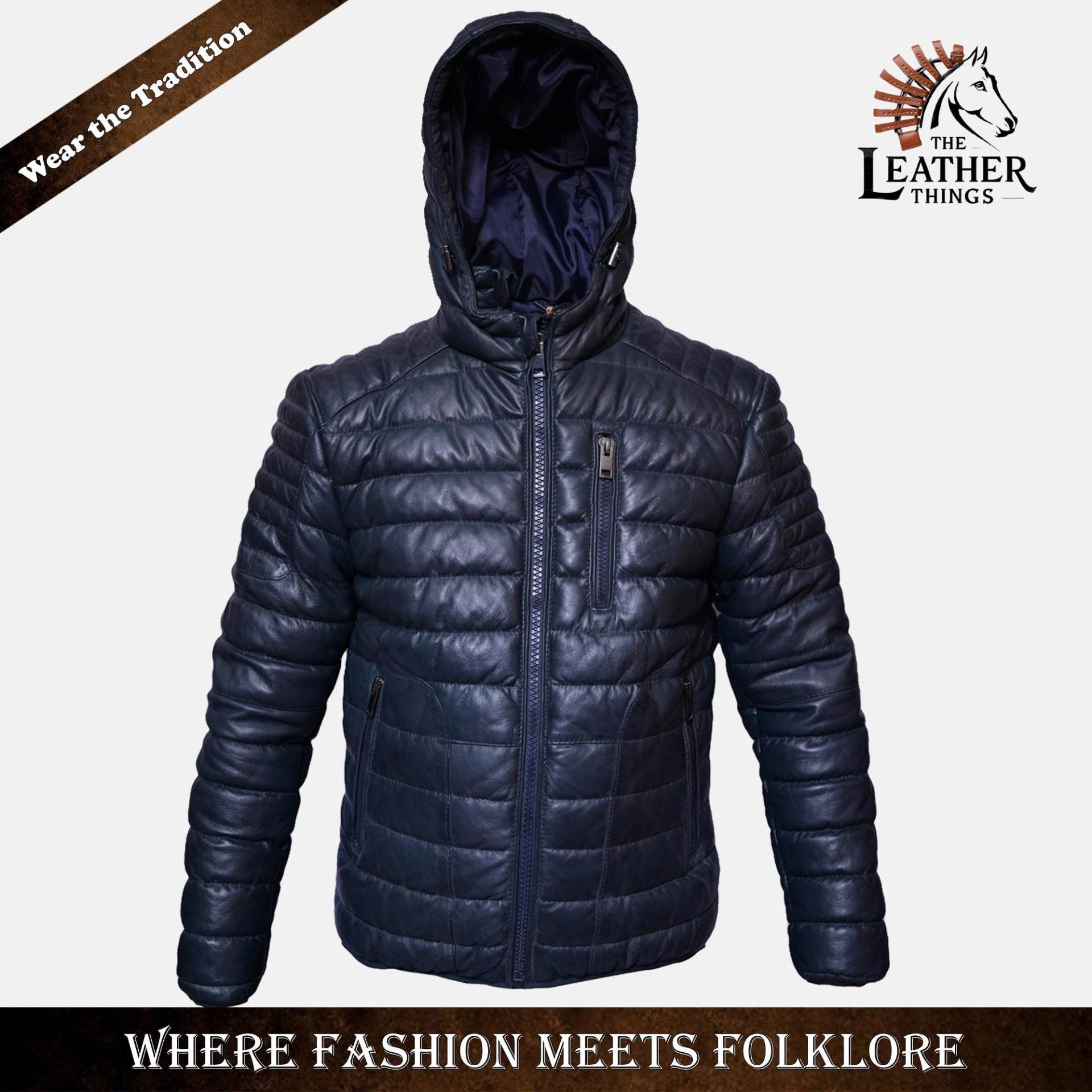 Navy Blue Men's Casual Puffer Leather Hooded Jacket Coat With Patch Pocket von ZRwear