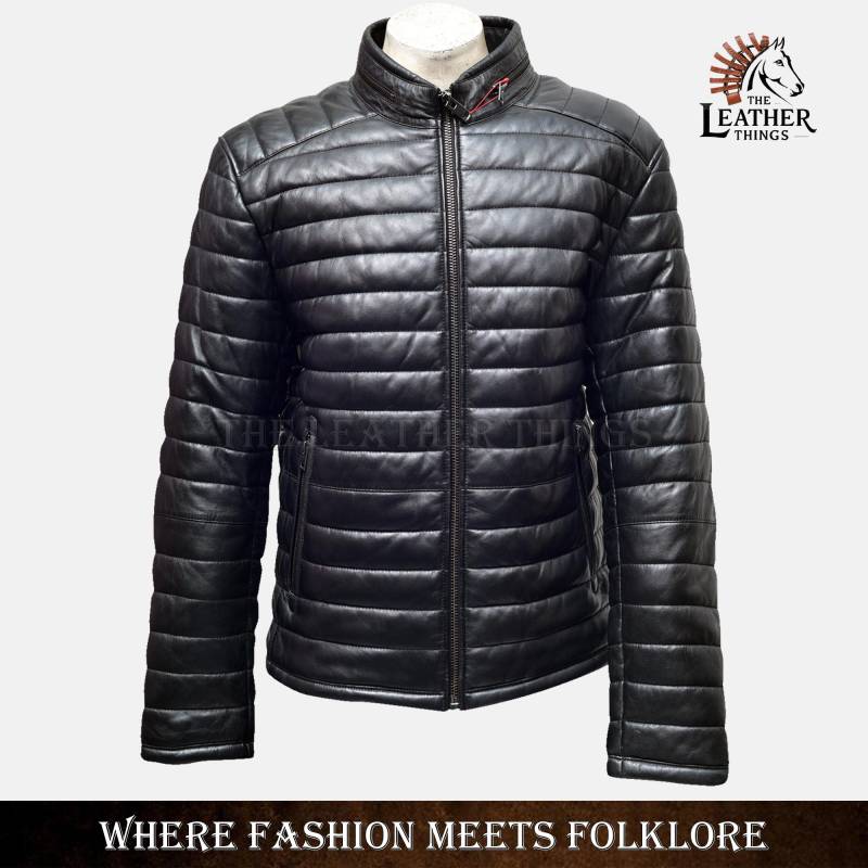 Puffer Jacket Men's 100% Real Black Leather Bubble Style Classic Coat, Winter Padded Bomber Slim von ZRwear