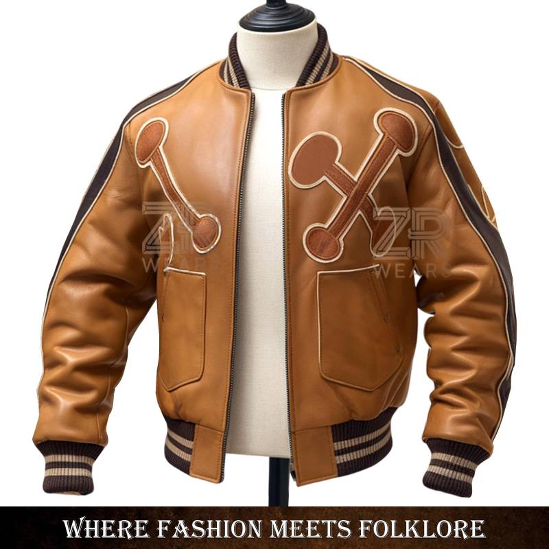 Vintage Brown Varsity Leather Jacket Men - Handcrafted Cowhide Bomber With Folk-Inspired Appliqué, Motorcycle Style Coat Gift For Him von ZRwear