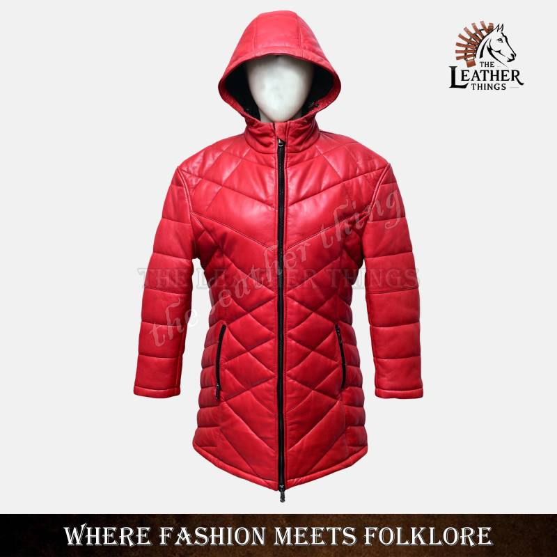 Women's Long Red Quilted Genuine Lambskin Puffer Leather Jacket Hooded Coat Bubble Style Classic Winter Padded Bomber Slim Coat von ZRwear