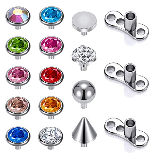 14G Chirurgischer Stahl Innengewinde Dermal Anchor Base, Mikrodermale Piercing für Frauen Männer, 14-19Pcs Cubic Zirconia Dermal Anchor Tops 2.5mm 3mm 4mm (C) von ZS